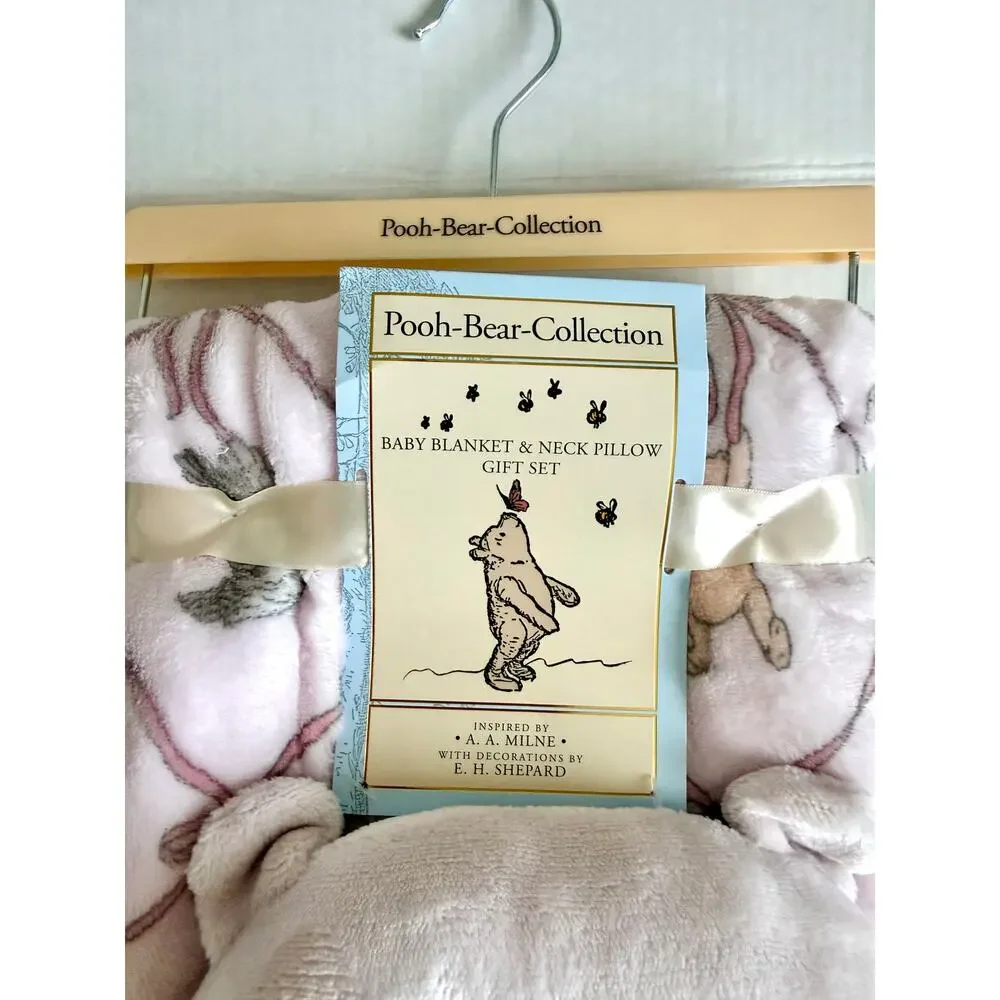 Pooh Bear Collection Winnie The Pooh Pink Ribbon Baby Blanket Neck Pillow Set